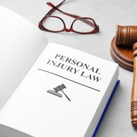 Book with words PERSONAL INJURY LAW, gavel and glasses on grey background