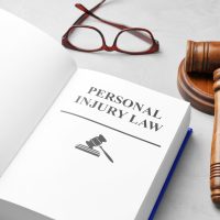 Book with words PERSONAL INJURY LAW, gavel and glasses on grey background Book with words PERSONAL INJURY LAW, gavel and glasses on grey background