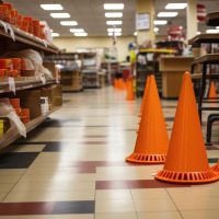bright orange cones cordoning off a spill in a grocery store