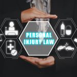 Personal injury law concept, Business woman hand holding personal injury law icon on virtual screen.