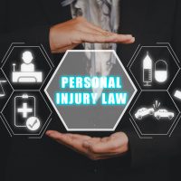 Personal injury law concept, Business woman hand holding personal injury law icon on virtual screen.